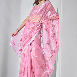 Embroidered Embellished Pink Organza Saree With Blouse Piece