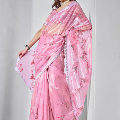 Embroidered Embellished Pink Organza Saree With Blouse Piece
