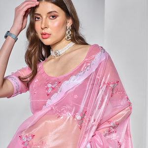Embroidered Embellished Pink Organza Saree With Blouse Piece