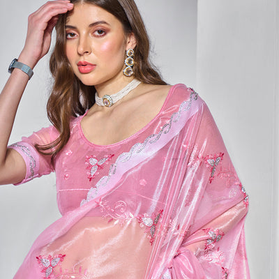 Embroidered Embellished Pink Organza Saree With Blouse Piece