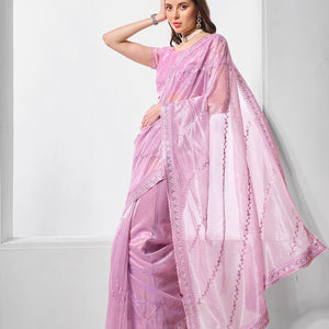 Embroidered Embellished Organza Saree With Blouse Piece