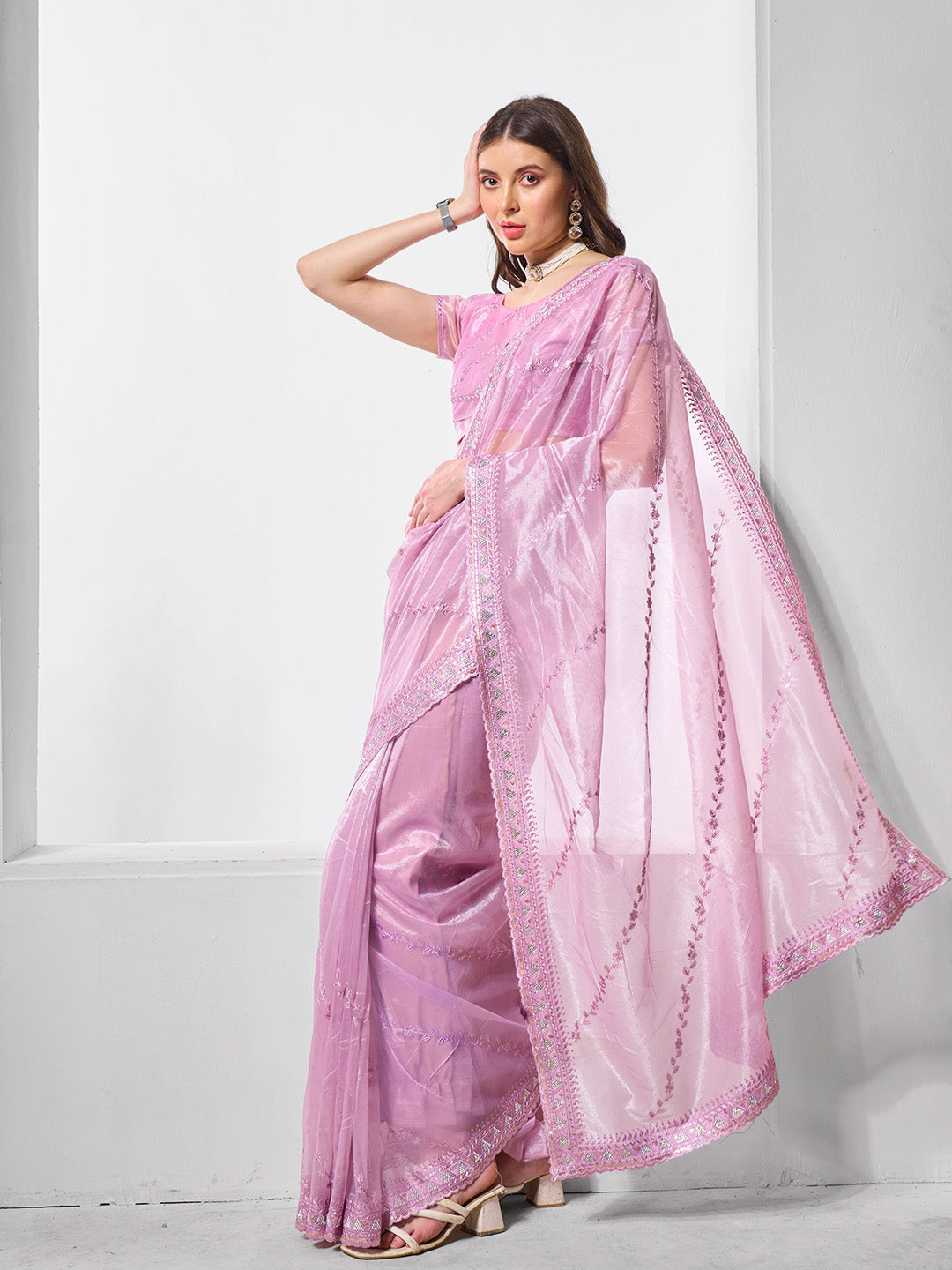 Embroidered Embellished Organza Saree With Blouse Piece