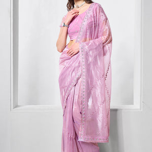 Embroidered Embellished Organza Saree With Blouse Piece