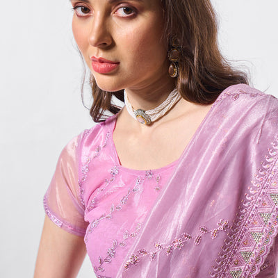 Embroidered Embellished Organza Saree With Blouse Piece