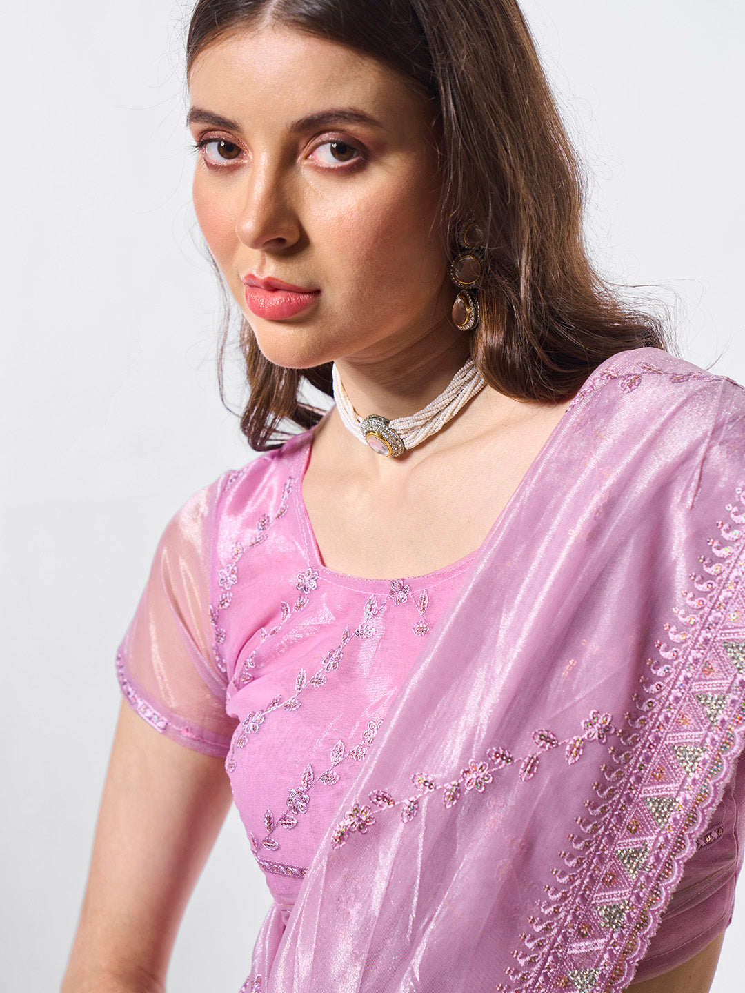 Embroidered Embellished Organza Saree With Blouse Piece