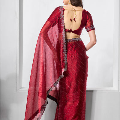 Embellished Beads and Stone Organza Saree With Blouse Piece