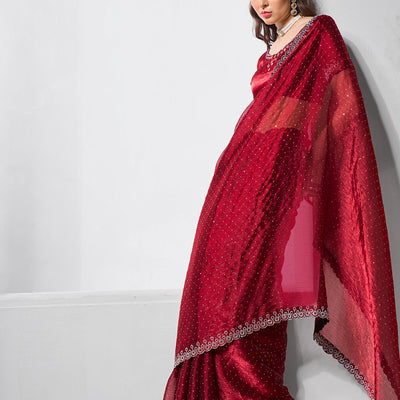 Embellished Beads and Stone Organza Saree With Blouse Piece