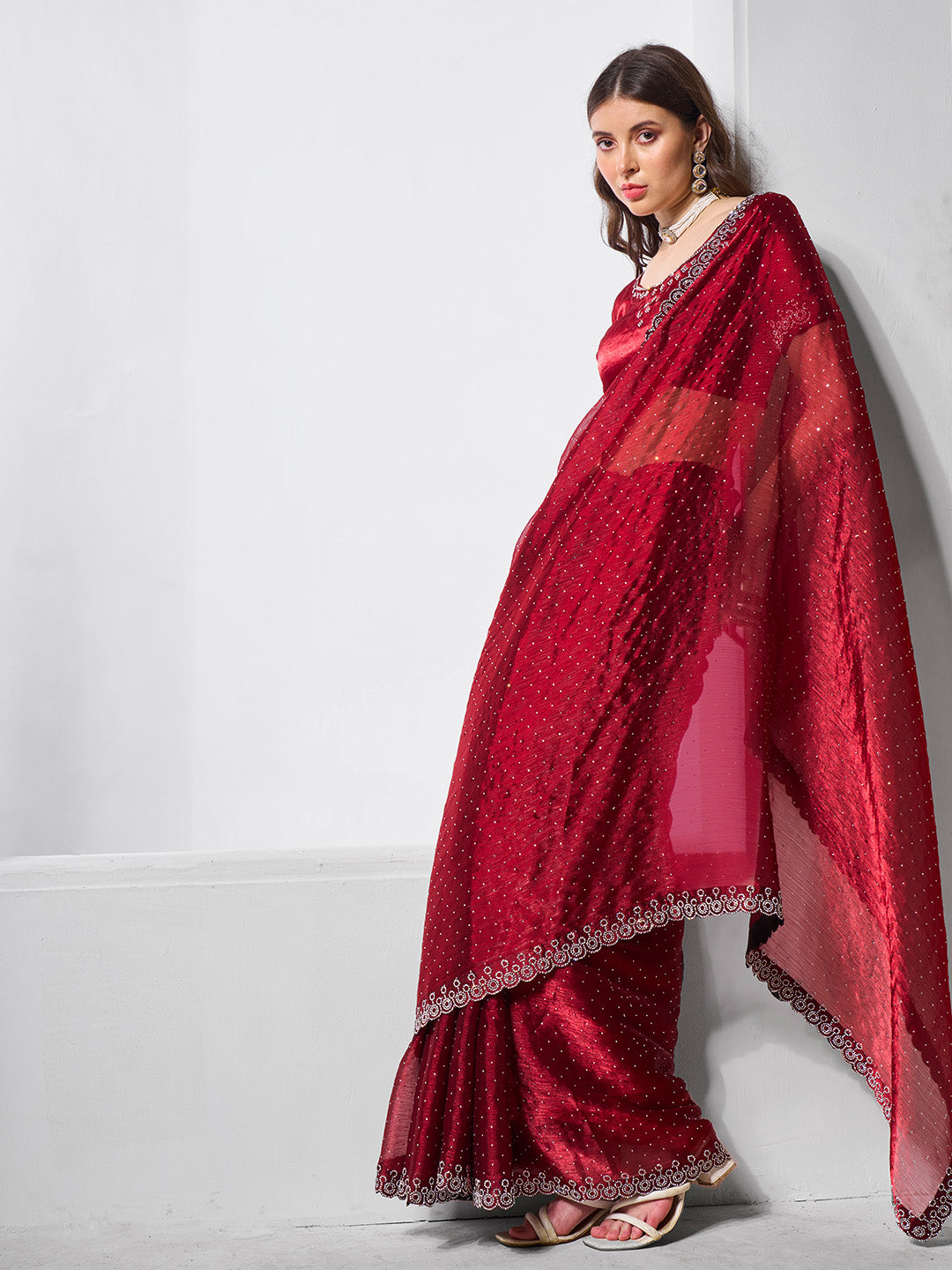 Embellished Beads and Stone Organza Saree With Blouse Piece