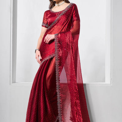 Embellished Beads and Stone Organza Saree With Blouse Piece