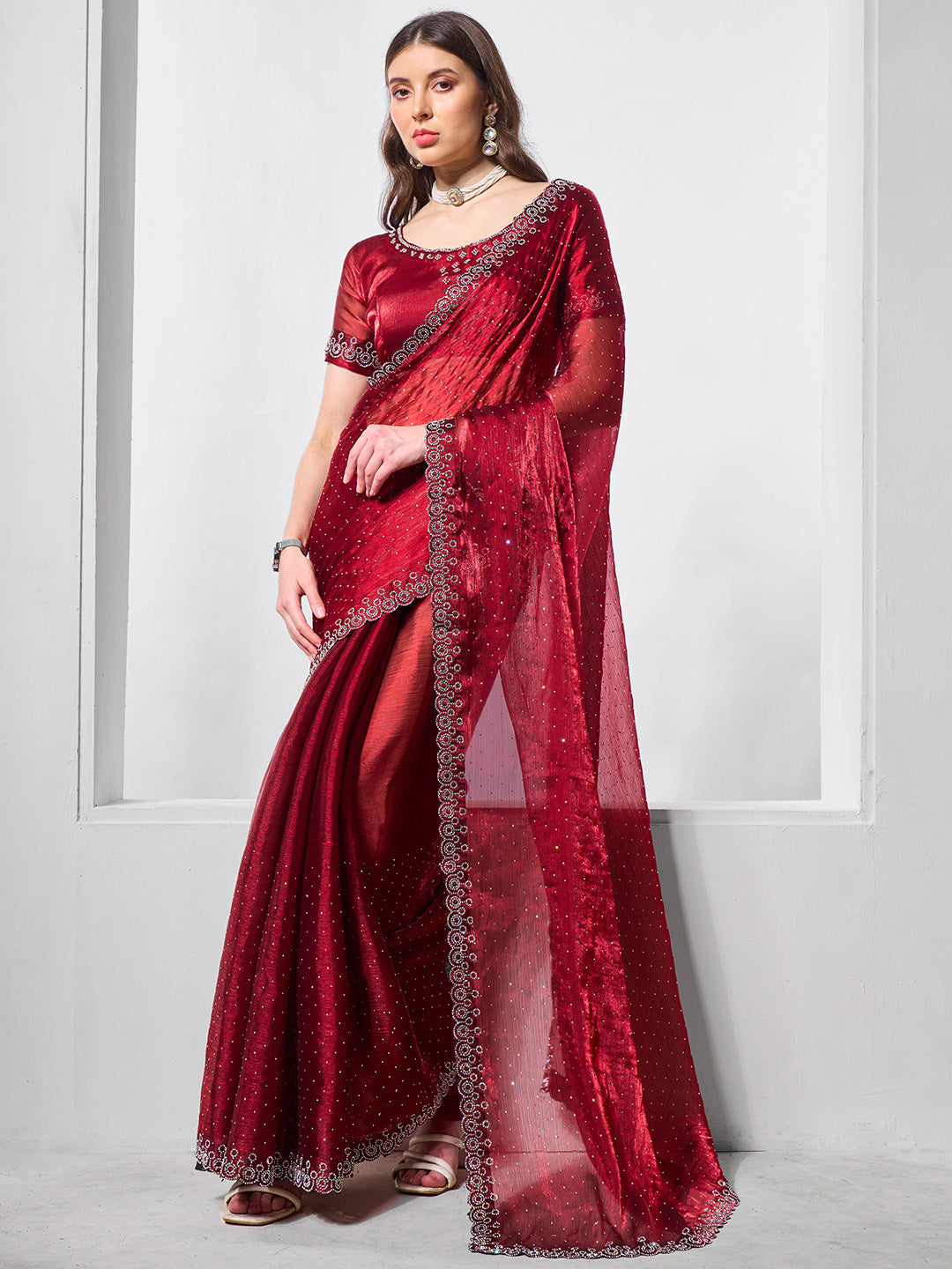 Embellished Beads and Stone Organza Saree With Blouse Piece