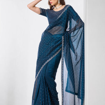Beads and Stones Embellished  Satin Saree With Blouse Piece