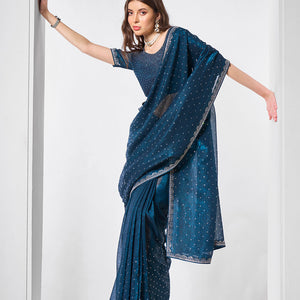 Beads and Stones Embellished  Satin Saree With Blouse Piece