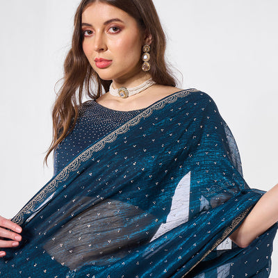 Beads and Stones Embellished  Satin Saree With Blouse Piece