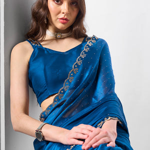 Beads and Stones Embellished  Satin Saree With Blouse Piece