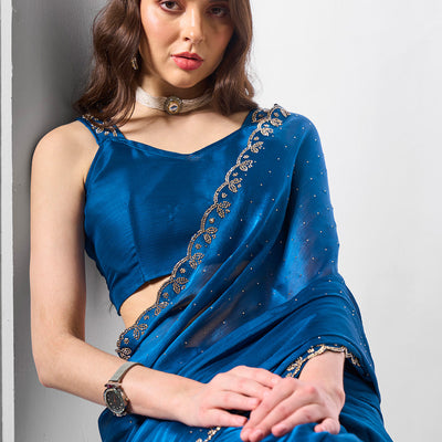 Beads and Stones Embellished  Satin Saree With Blouse Piece