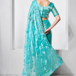 Embellished Beads and Stone Organza Saree With Blouse Piece