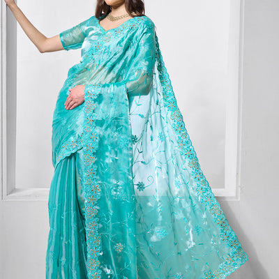 Embellished Beads and Stone Organza Saree With Blouse Piece