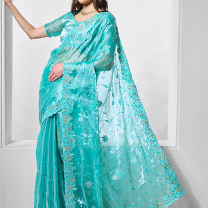 Embellished Beads and Stone Organza Saree With Blouse Piece