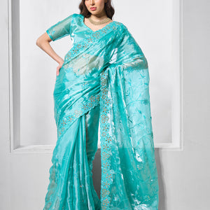 Embellished Beads and Stone Organza Saree With Blouse Piece
