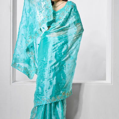 Embellished Beads and Stone Organza Saree With Blouse Piece