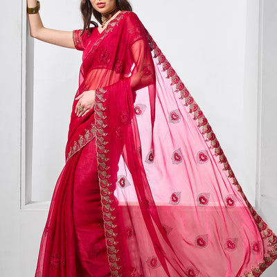 Embroidered Embellished Chiffon Saree With Blouse Piece