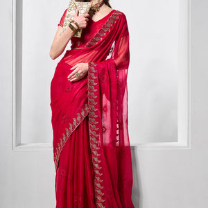 Embroidered Embellished Chiffon Saree With Blouse Piece