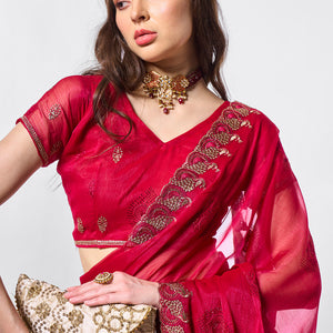 Embroidered Embellished Chiffon Saree With Blouse Piece