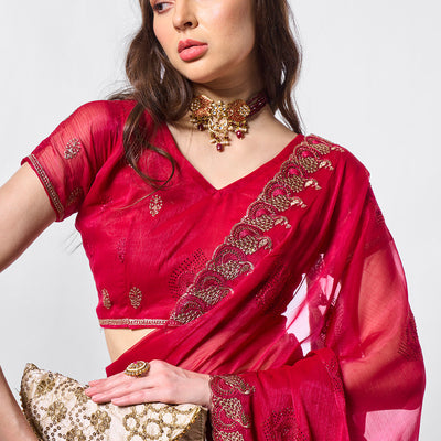 Embroidered Embellished Chiffon Saree With Blouse Piece