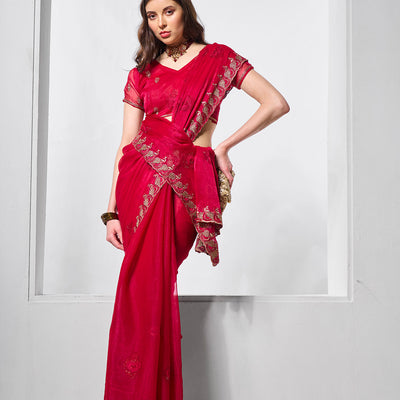 Embroidered Embellished Chiffon Saree With Blouse Piece
