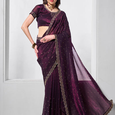 Beads and Stones Embellished  Satin Saree With Blouse Piece