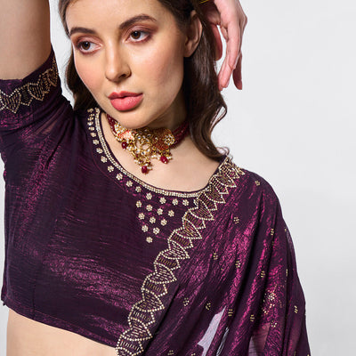 Beads and Stones Embellished  Satin Saree With Blouse Piece