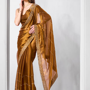 Beads and Stones Embellished  Organza Saree With Blouse Piece