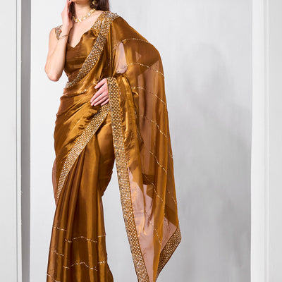 Beads and Stones Embellished  Organza Saree With Blouse Piece