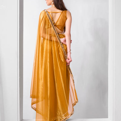 Mirror Work Lace Organza Saree With Blouse Piece