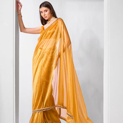 Mirror Work Lace Organza Saree With Blouse Piece