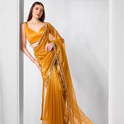 Mirror Work Lace Organza Saree With Blouse Piece