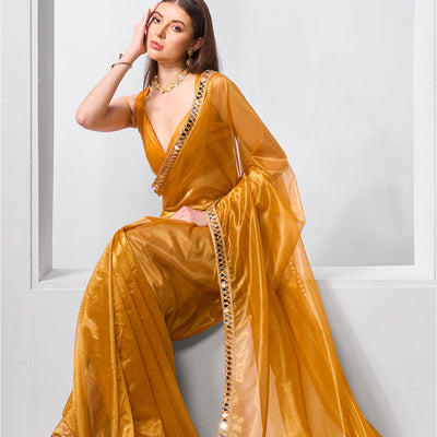 Mirror Work Lace Organza Saree With Blouse Piece