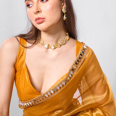 Mirror Work Lace Organza Saree With Blouse Piece