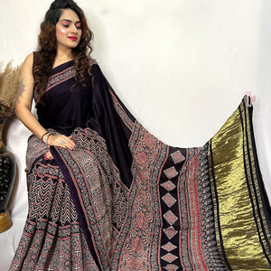 Modal fine Silk Hand Blocked Ajrakh work Saree