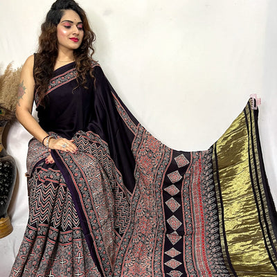 Modal fine Silk Hand Blocked Ajrakh work Saree