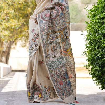Beige - Madhubani Hand-Painted Krishna Raas Tussar Silk Saree