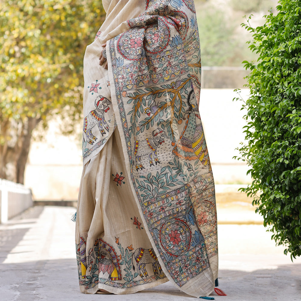Beige - Madhubani Hand-Painted Krishna Raas Tussar Silk Saree