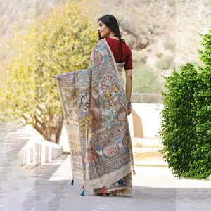 Beige - Madhubani Hand-Painted Krishna Raas Tussar Silk Saree