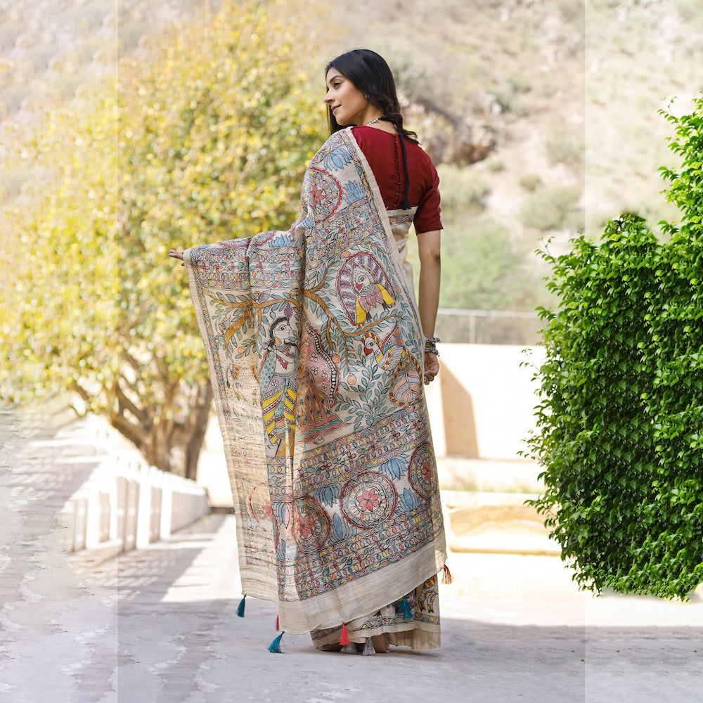 Beige - Madhubani Hand-Painted Krishna Raas Tussar Silk Saree