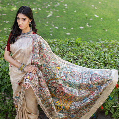 Beige - Madhubani Hand-Painted Krishna Raas Tussar Silk Saree