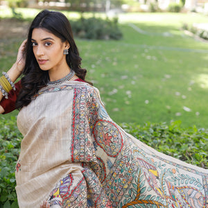 Beige - Madhubani Hand-Painted Krishna Raas Tussar Silk Saree