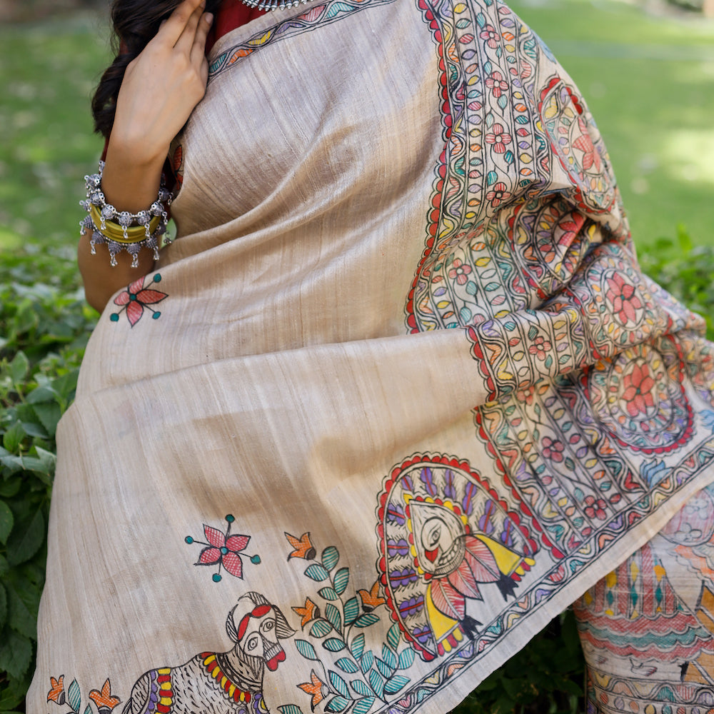Beige - Madhubani Hand-Painted Krishna Raas Tussar Silk Saree
