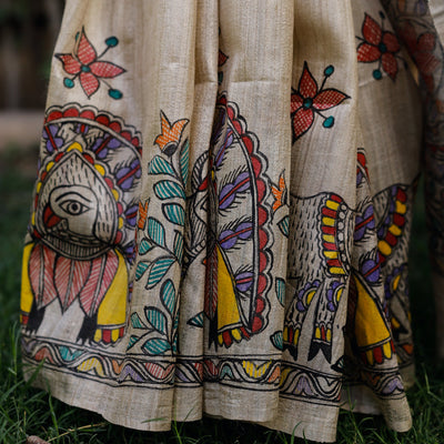 Beige - Madhubani Hand-Painted Krishna Raas Tussar Silk Saree