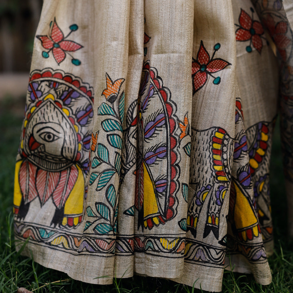 Beige - Madhubani Hand-Painted Krishna Raas Tussar Silk Saree