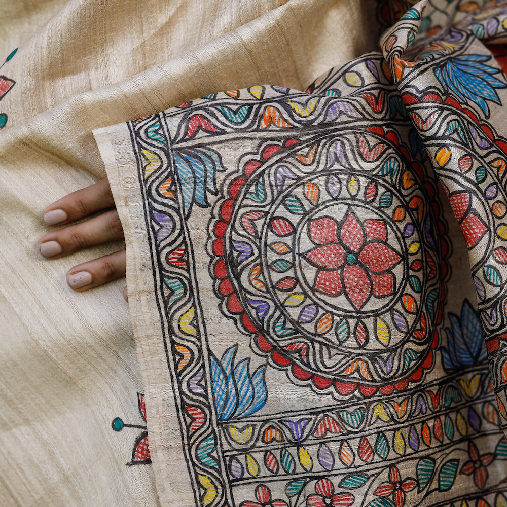 Beige - Madhubani Hand-Painted Krishna Raas Tussar Silk Saree